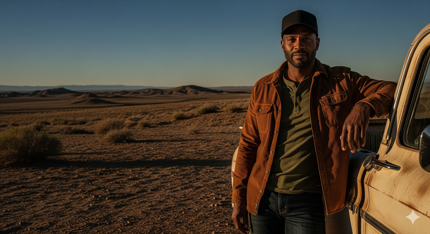 Man standing next to a vehicle in a desert landscape